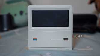 Front of the Ayaneo Mini Retro PC, sittingo n a table