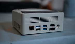 Ayaneo Mini Retro PC with Ethernet ports, USB ports, DisplayPort, HDMI, and power connector all showing