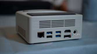 Ayaneo Mini Retro PC with Ethernet ports, USB ports, DisplayPort, HDMI, and power connector all showing