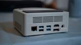 Ayaneo Mini Retro PC with Ethernet ports, USB ports, DisplayPort, HDMI, and power connector all showing