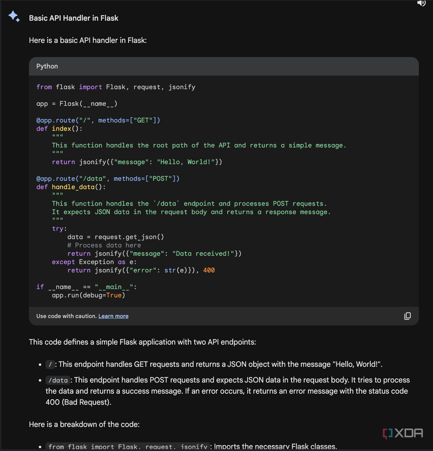Bard Gemini giving code for creating a Basic API handler in Flask
