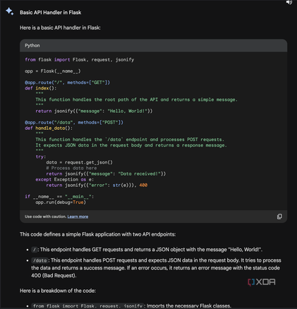 Bard Gemini giving code for creating a Basic API handler in Flask