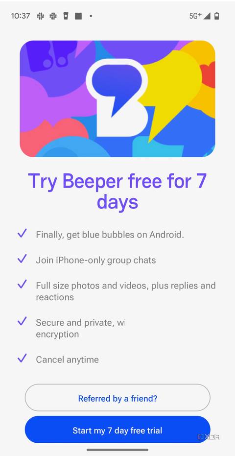 The free trial and subscription page in the Beeper Mini app.