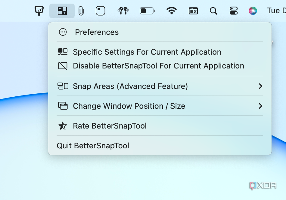 The menu bar options for Better Snap Tool.