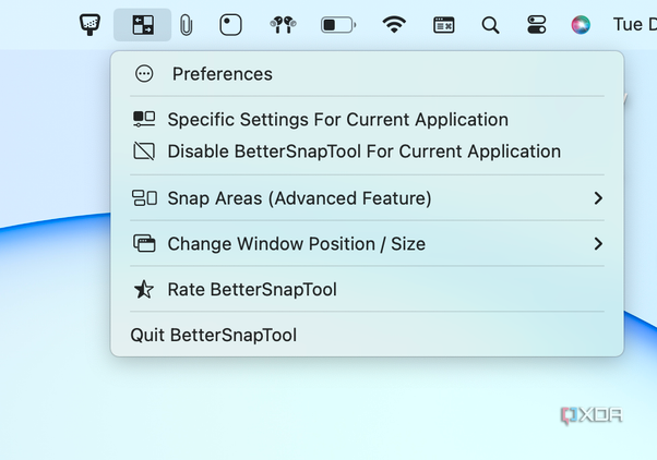 The menu bar options for Better Snap Tool.