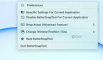 The menu bar options for Better Snap Tool.