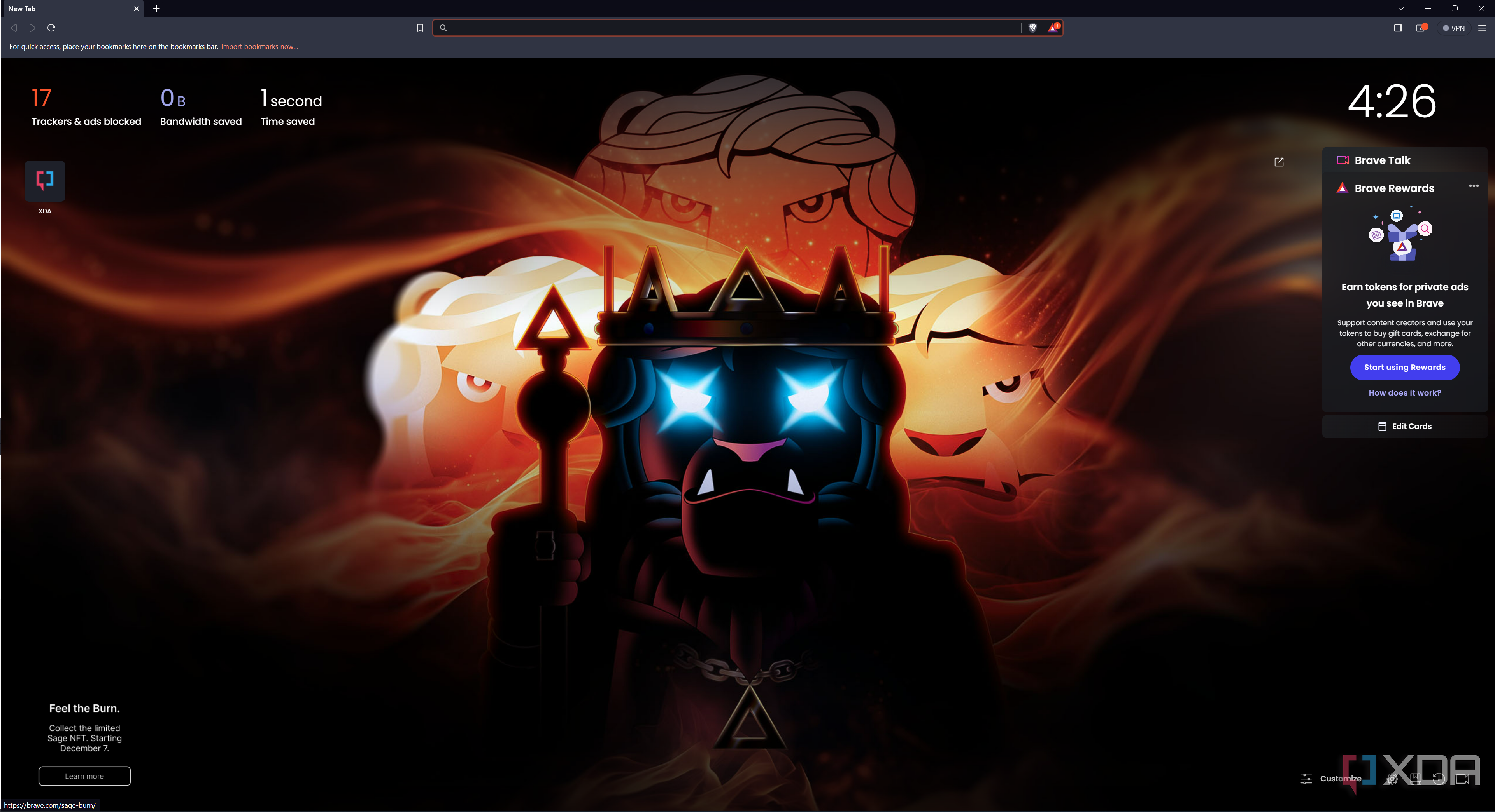 Screenshot of BRave browser's homepage displaying blocked ads and saved data