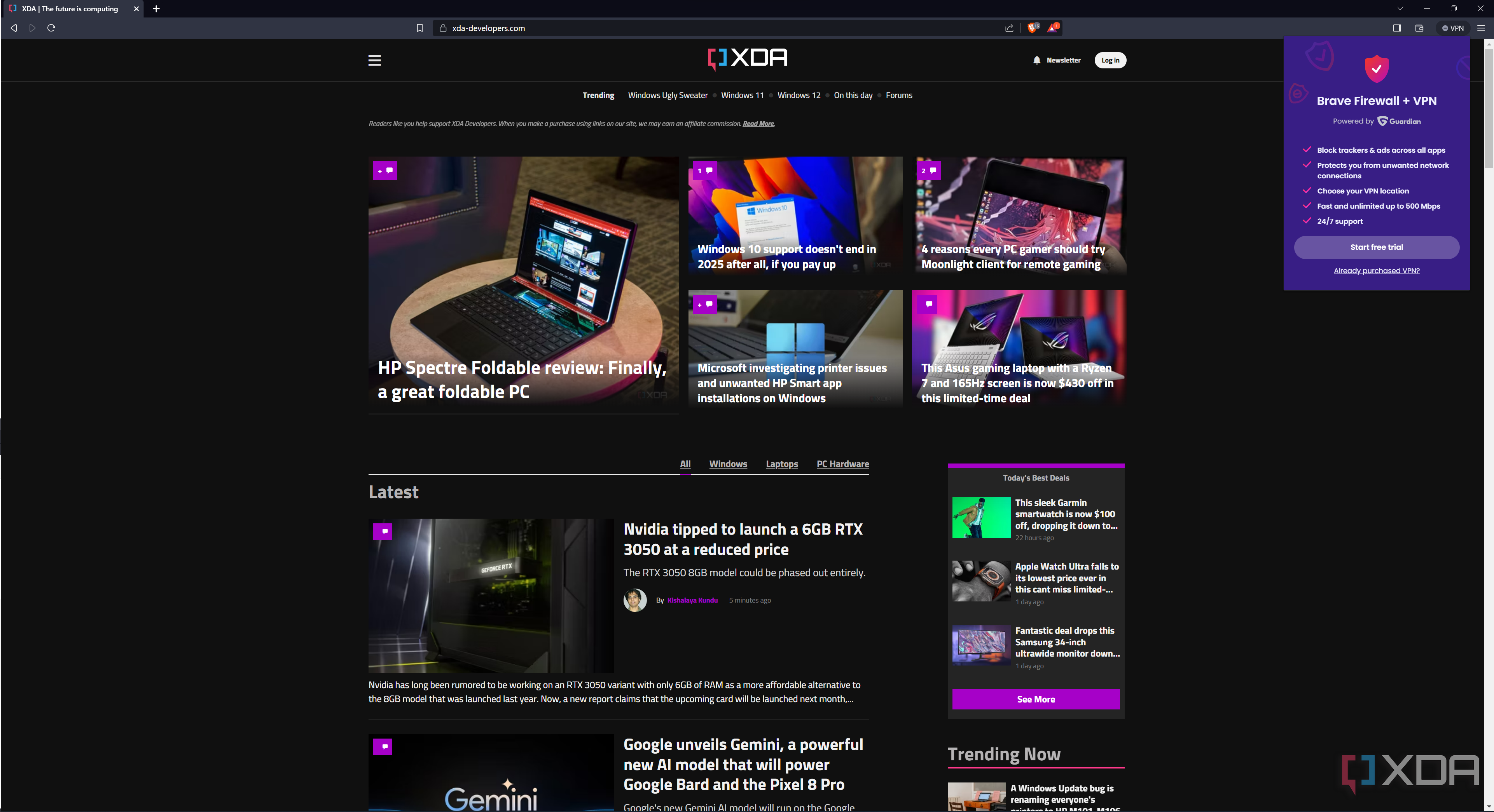 Screenshot of Brave browser displaying the XDA homepage with the VPN flyout open