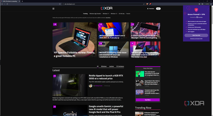 Screenshot of Brave browser displaying the XDA homepage with the VPN flyout open