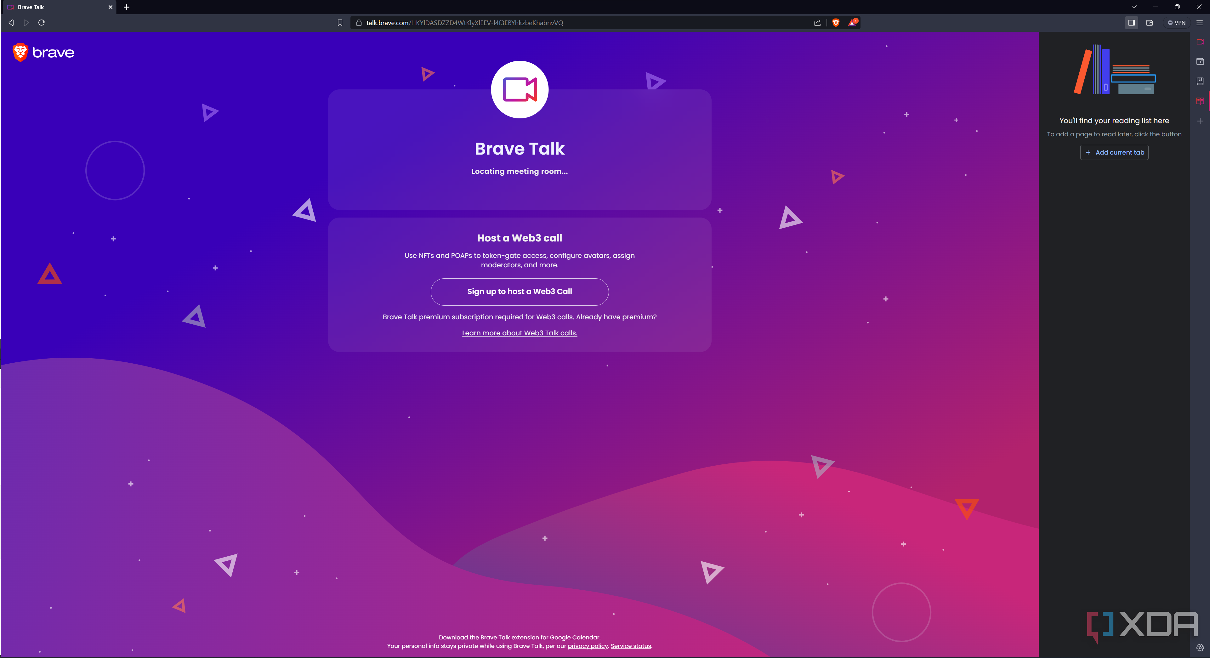 Screenshot of Brave Talk in Brave browser and a reading list sidebar on the right