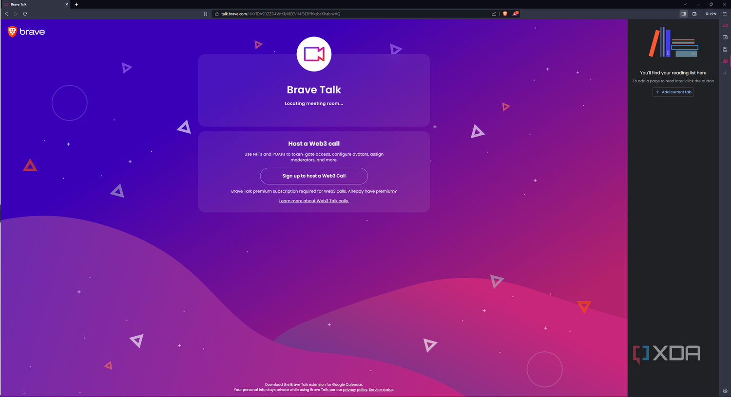 Screenshot of Brave Talk in Brave browser and a reading list sidebar on the right