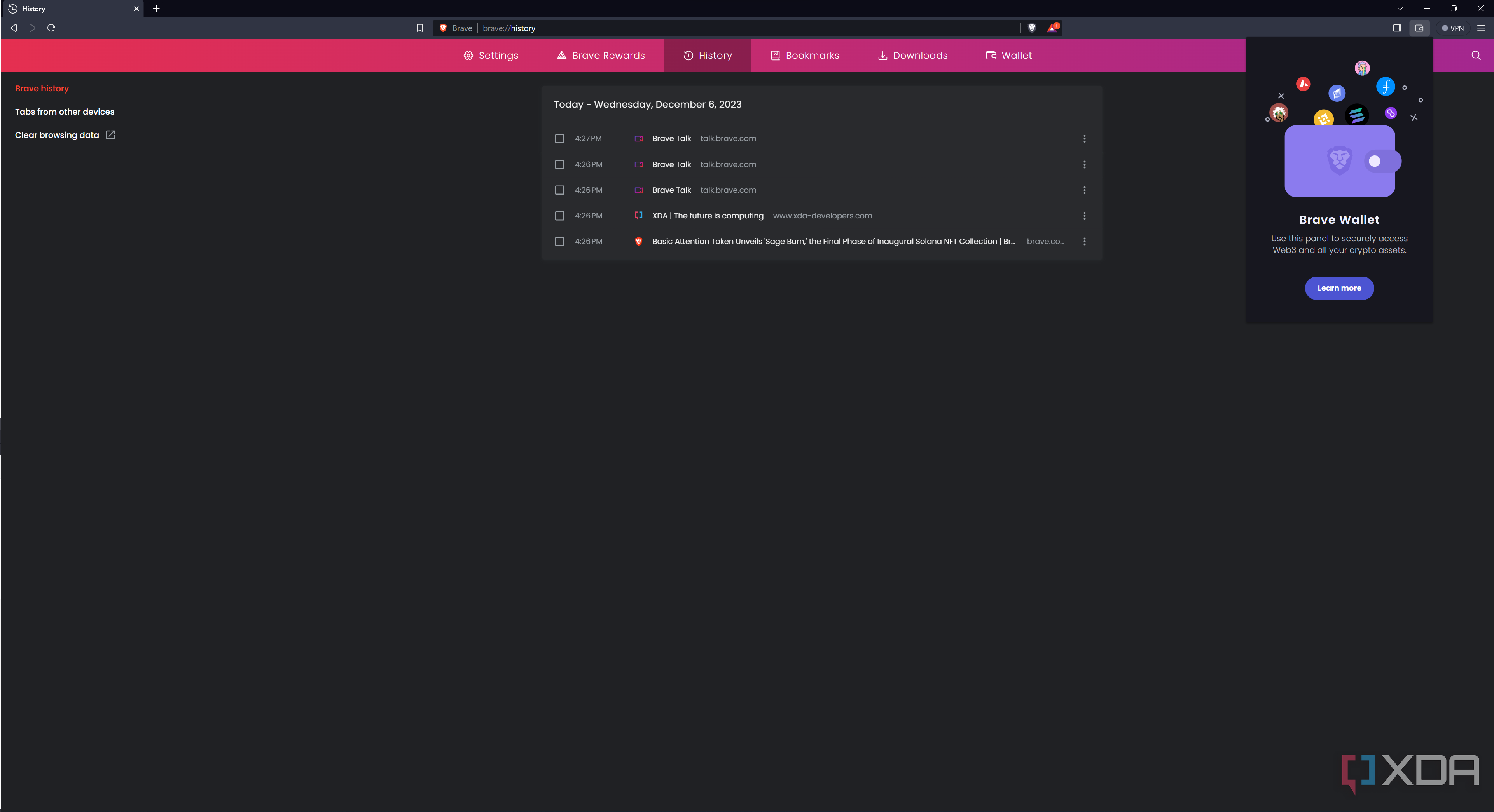 Screenshot of browser history in Brave