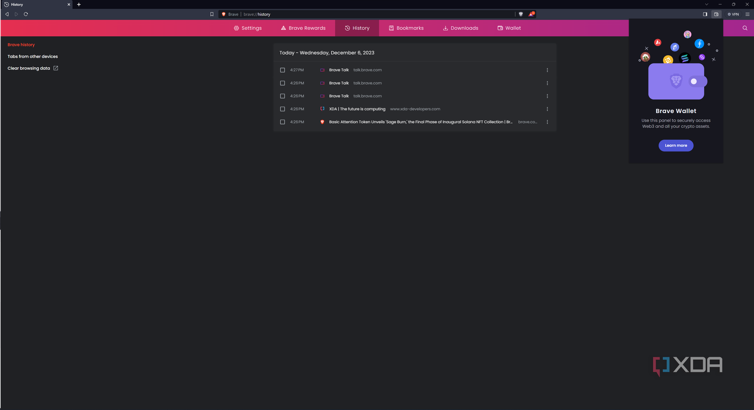 Screenshot of browser history in Brave