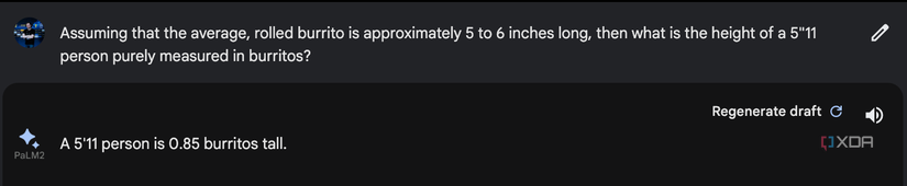 Google Bard measures a person in Burrito height and gives an answer saying that a 5 foot 11 person is only 0.85 burritos tall