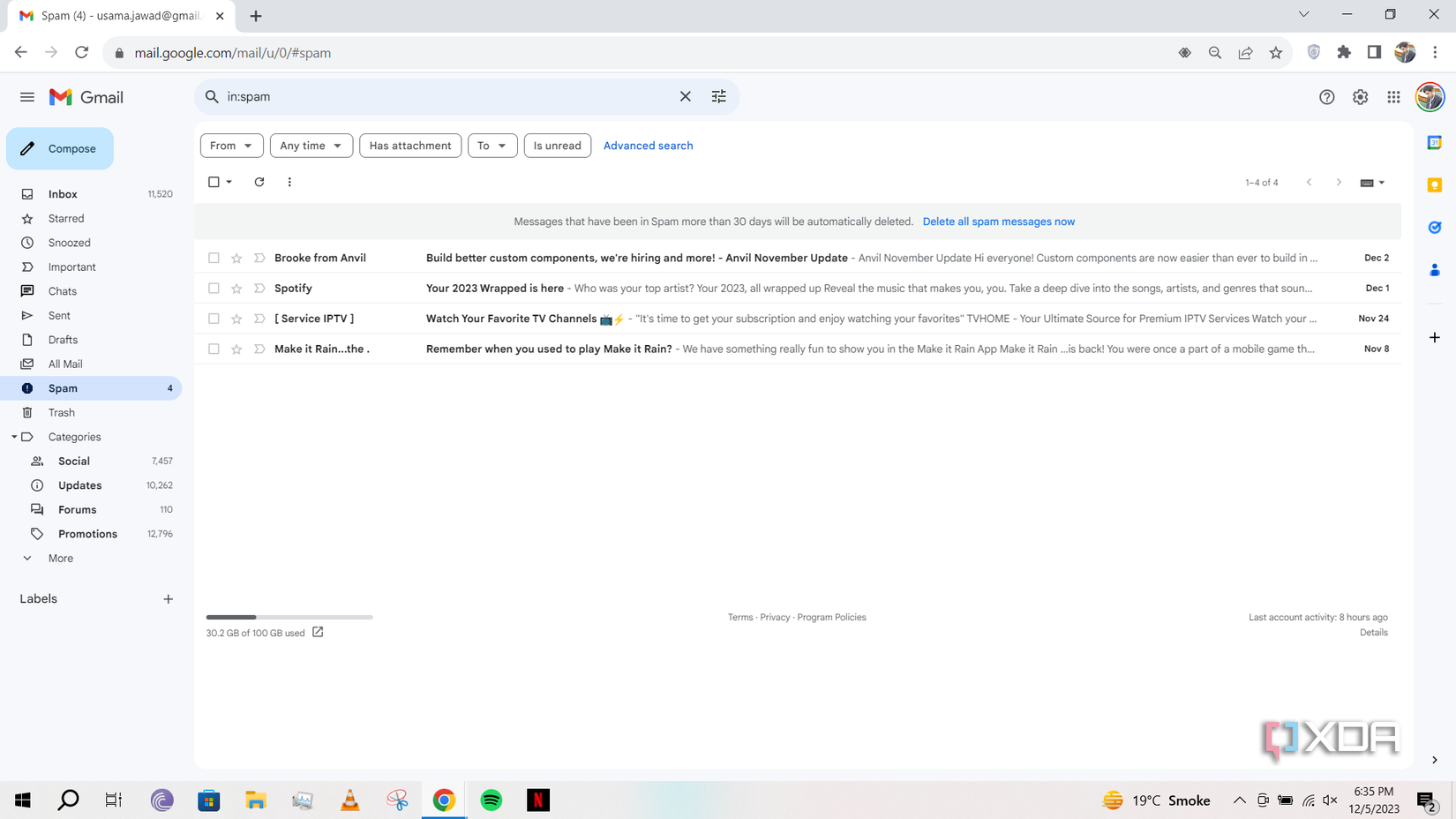 Spam folder open in Gmail