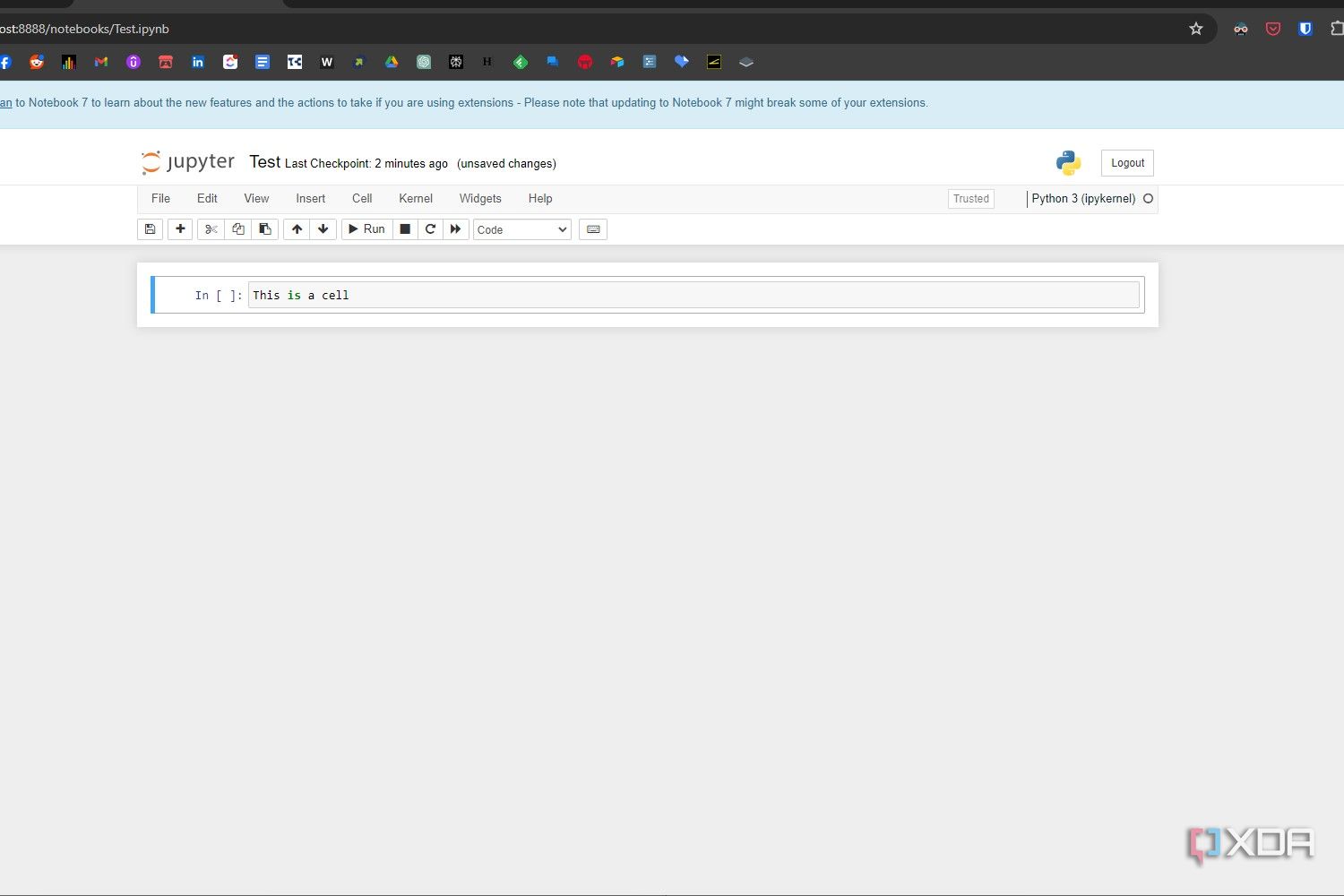 Windows 11 screenshot that shows a new notebook in Jupyter Notebook. The interface is open in the Google Chrome browser. 