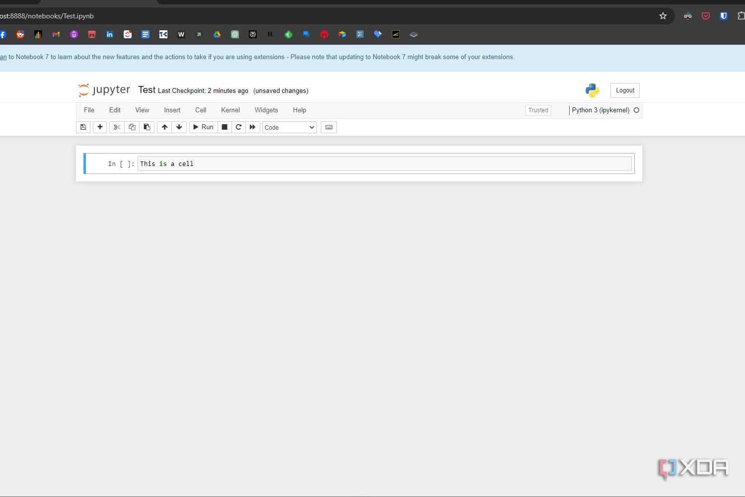 Windows 11 screenshot that shows a new notebook in Jupyter Notebook. The interface is open in the Google Chrome browser.