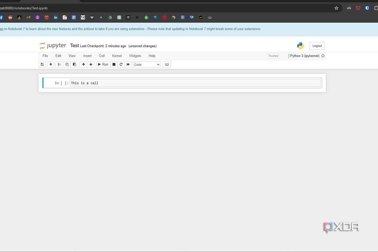 Windows 11 screenshot that shows a new notebook in Jupyter Notebook. The interface is open in the Google Chrome browser.