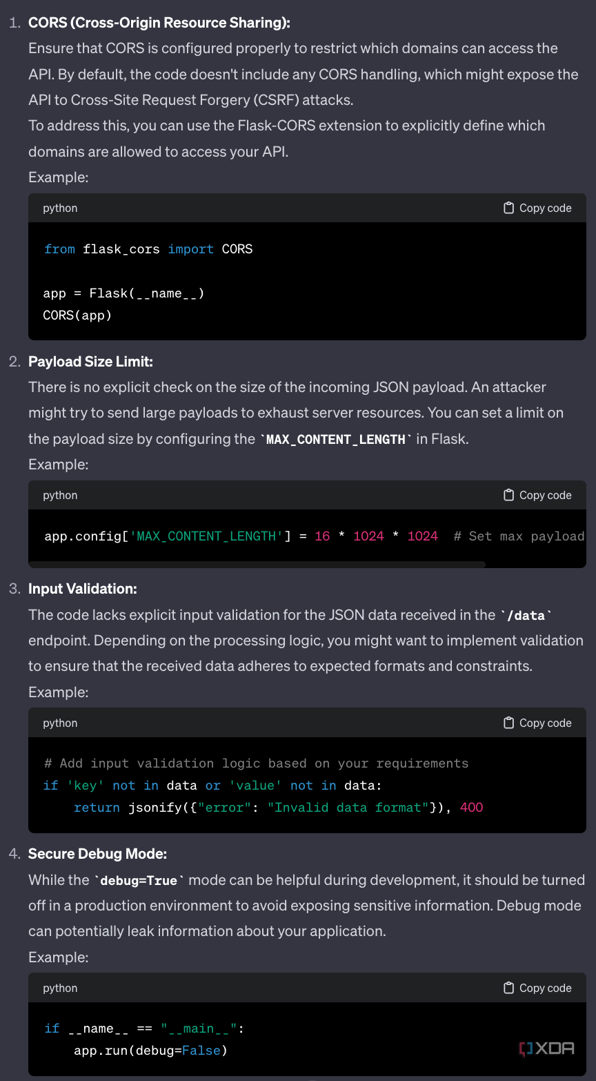 ChatGPT cybersecurity assessment of the generated code for a basic Flask API