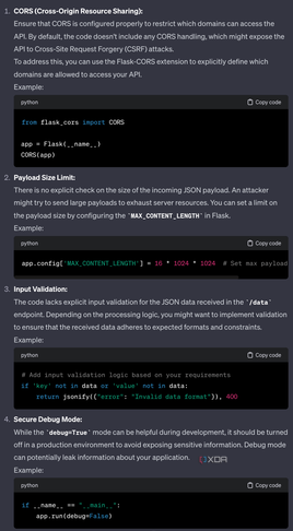 ChatGPT cybersecurity assessment of the generated code for a basic Flask API