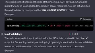 ChatGPT cybersecurity assessment of the generated code for a basic Flask API