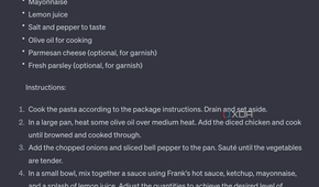 ChatGPT prepares a recipe for a chicken pasta meal