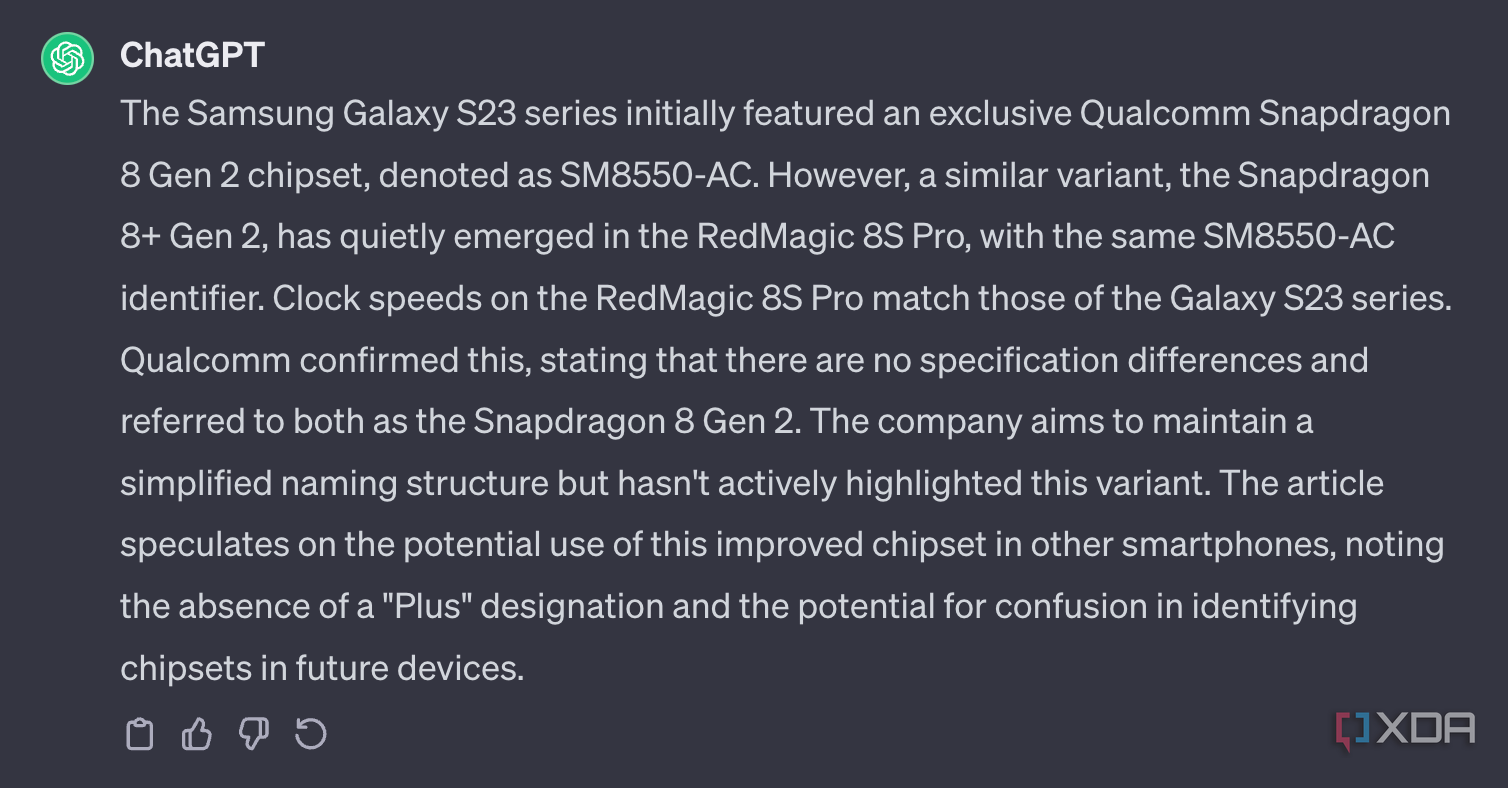 ChatGPT summarises an XDA article about the Snapdragon 8 Gen 2