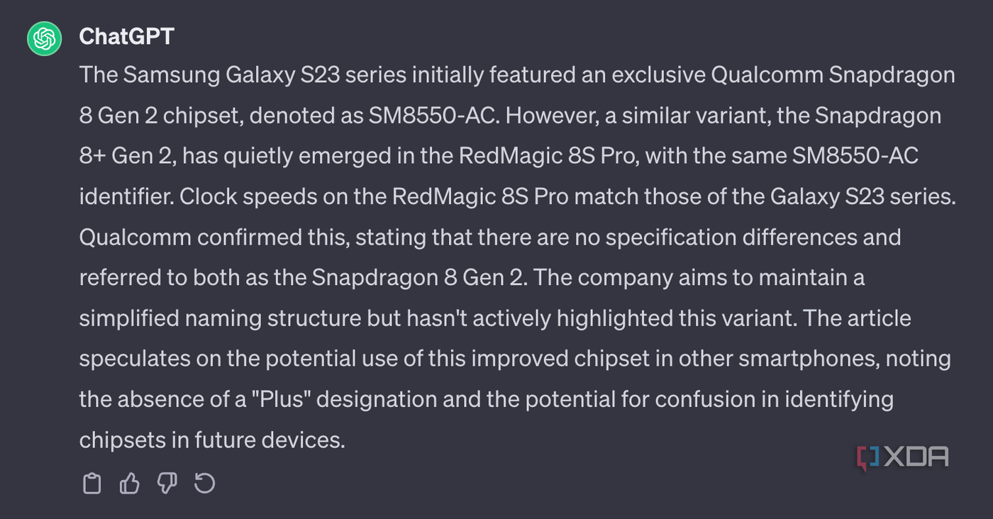 ChatGPT summarises an XDA article about the Snapdragon 8 Gen 2