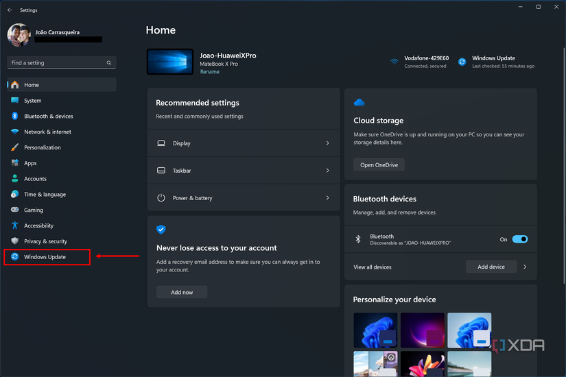 Screenshot of Windows 11 Settings with the Windows Update section highlighted in the menu on the left