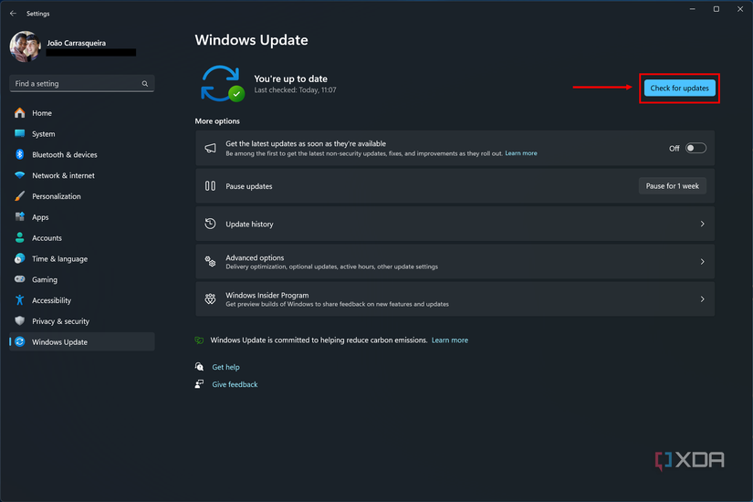 Screenshot of Windows Update with the Check for updates button highlighted