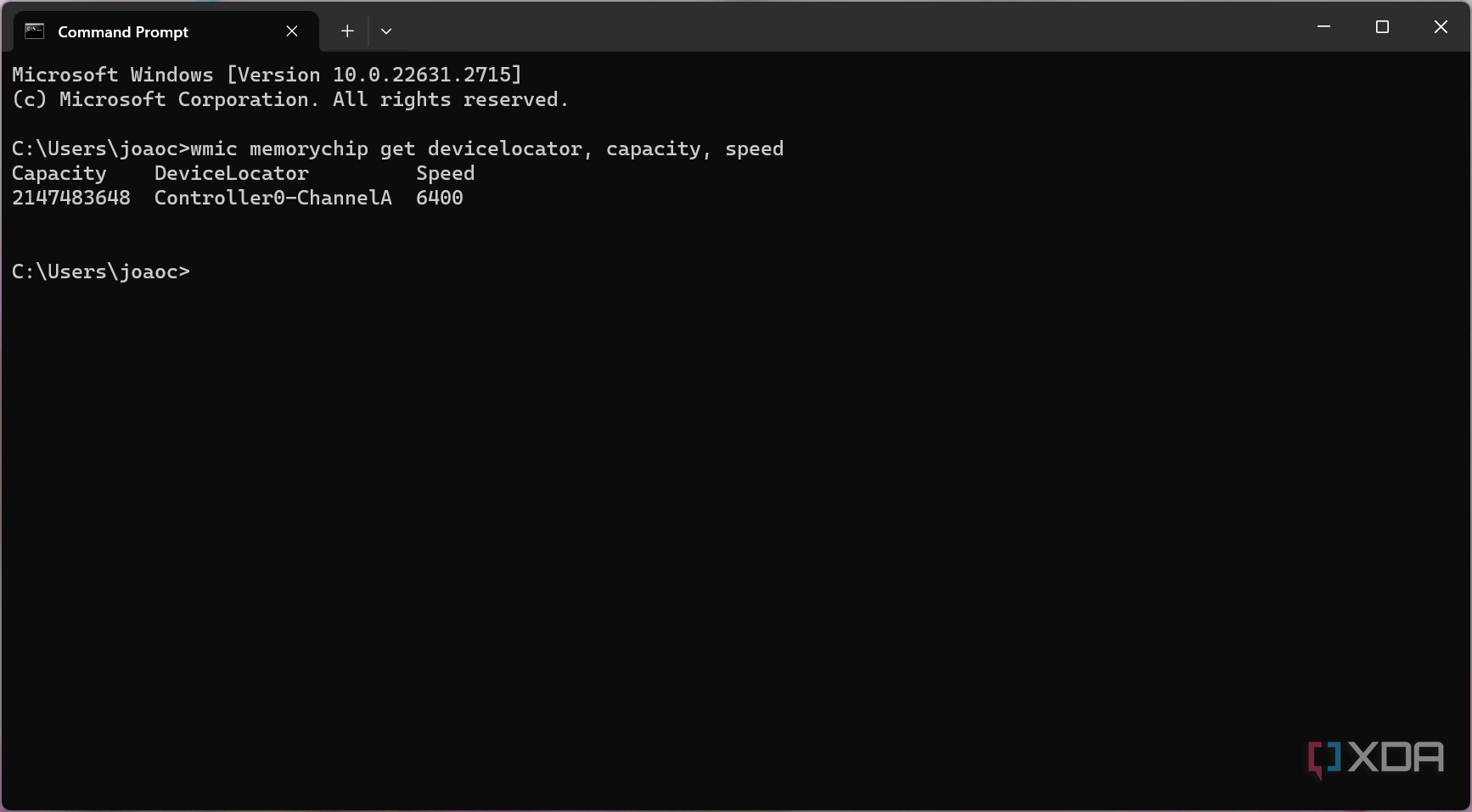 Screenshot of Command Prompt showing capacity and speed specs for RAM