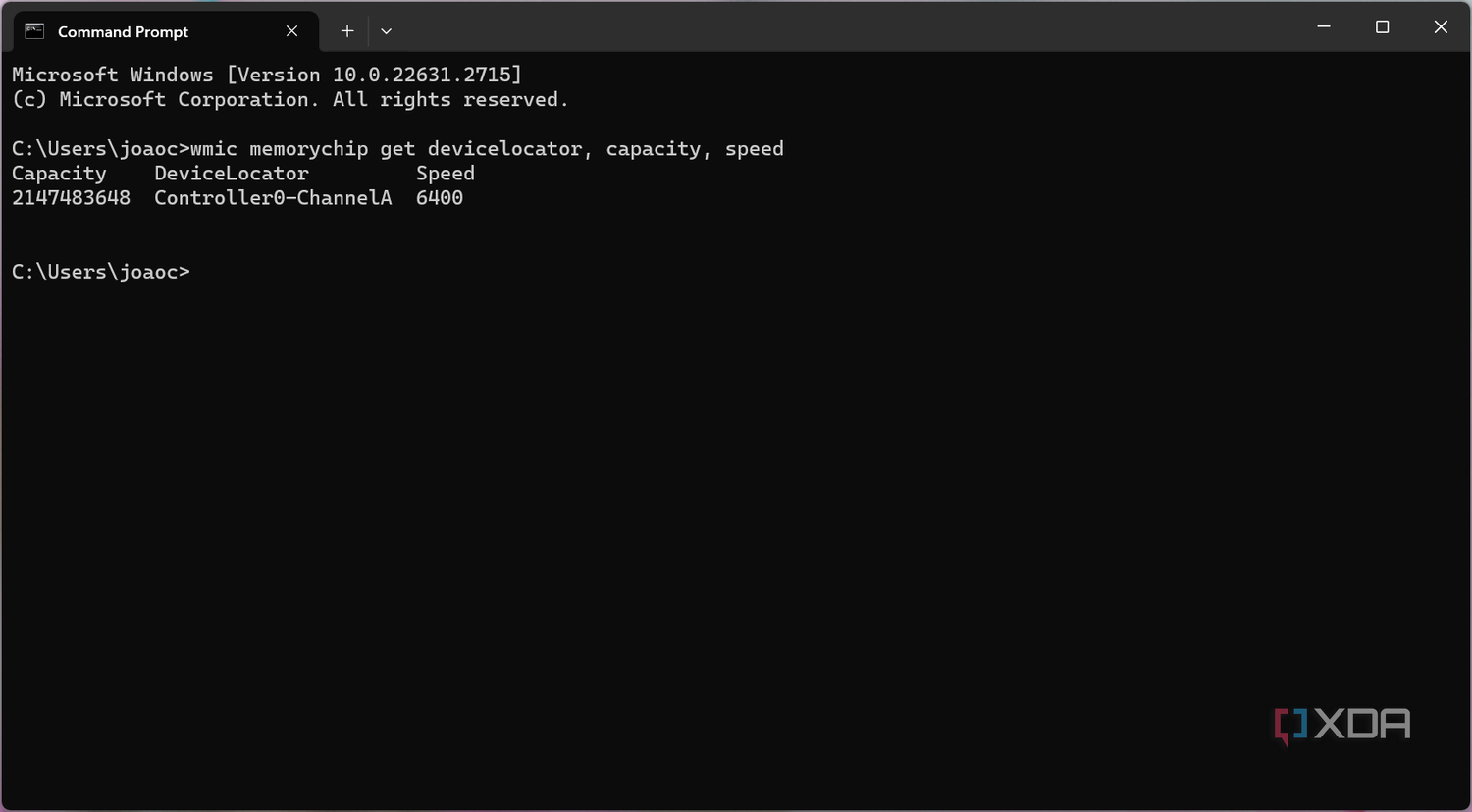 Screenshot of Command Prompt showing capacity and speed specs for RAM