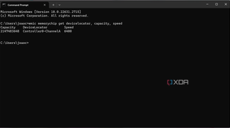 Screenshot of Command Prompt showing capacity and speed specs for RAM