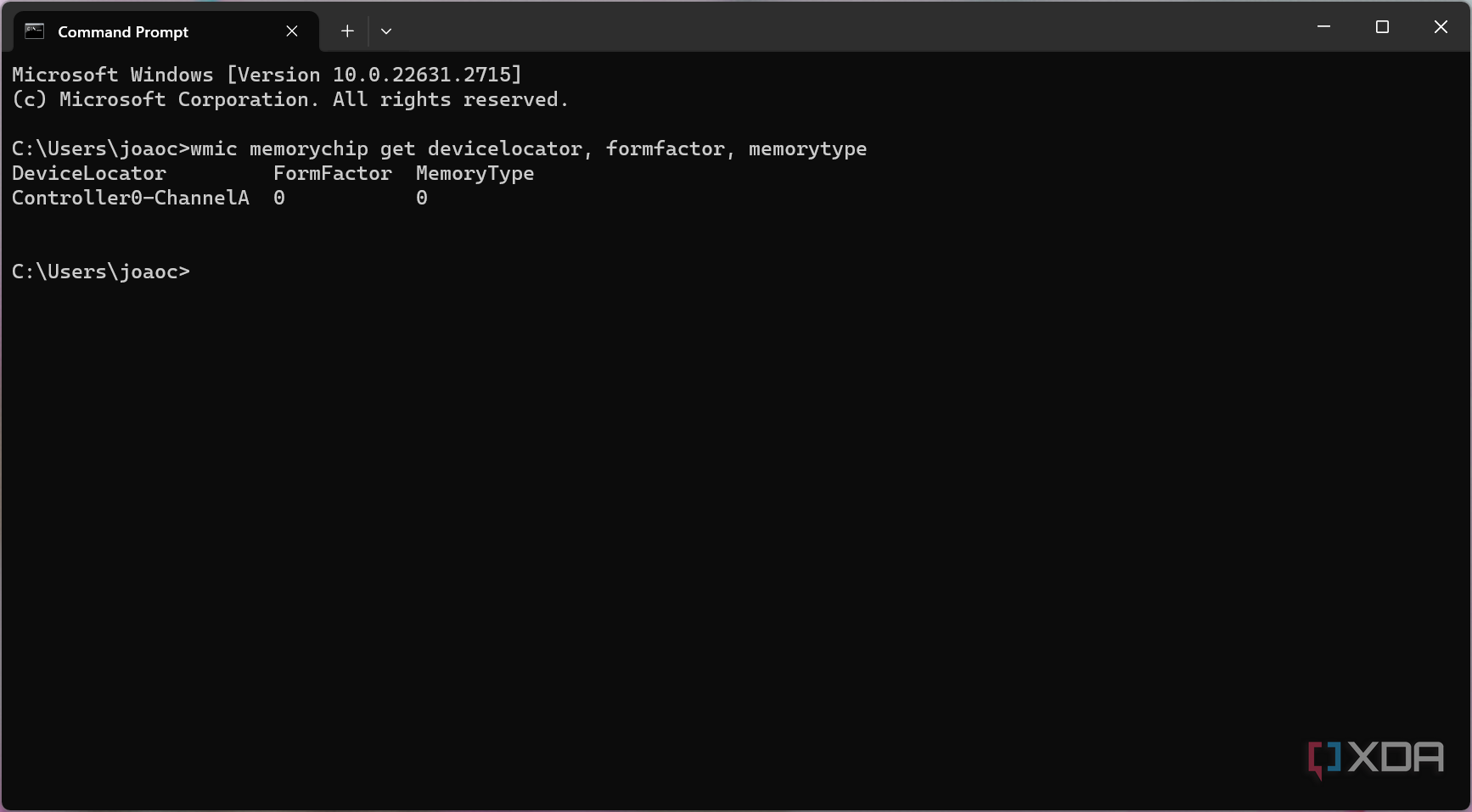 Screenshot of Command Prompt showing form factor and memory type for RAM