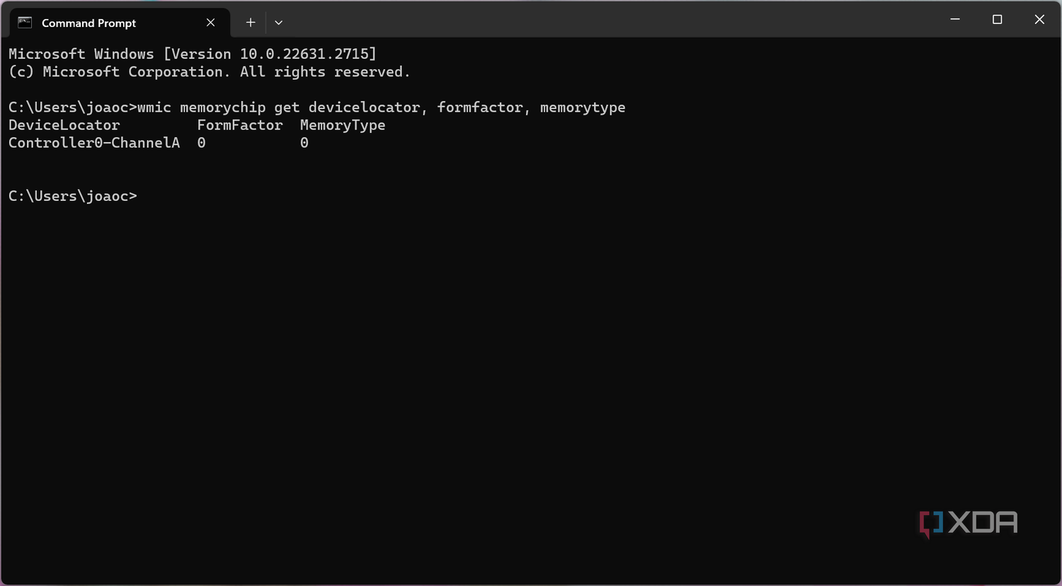 Screenshot of Command Prompt showing form factor and memory type for RAM