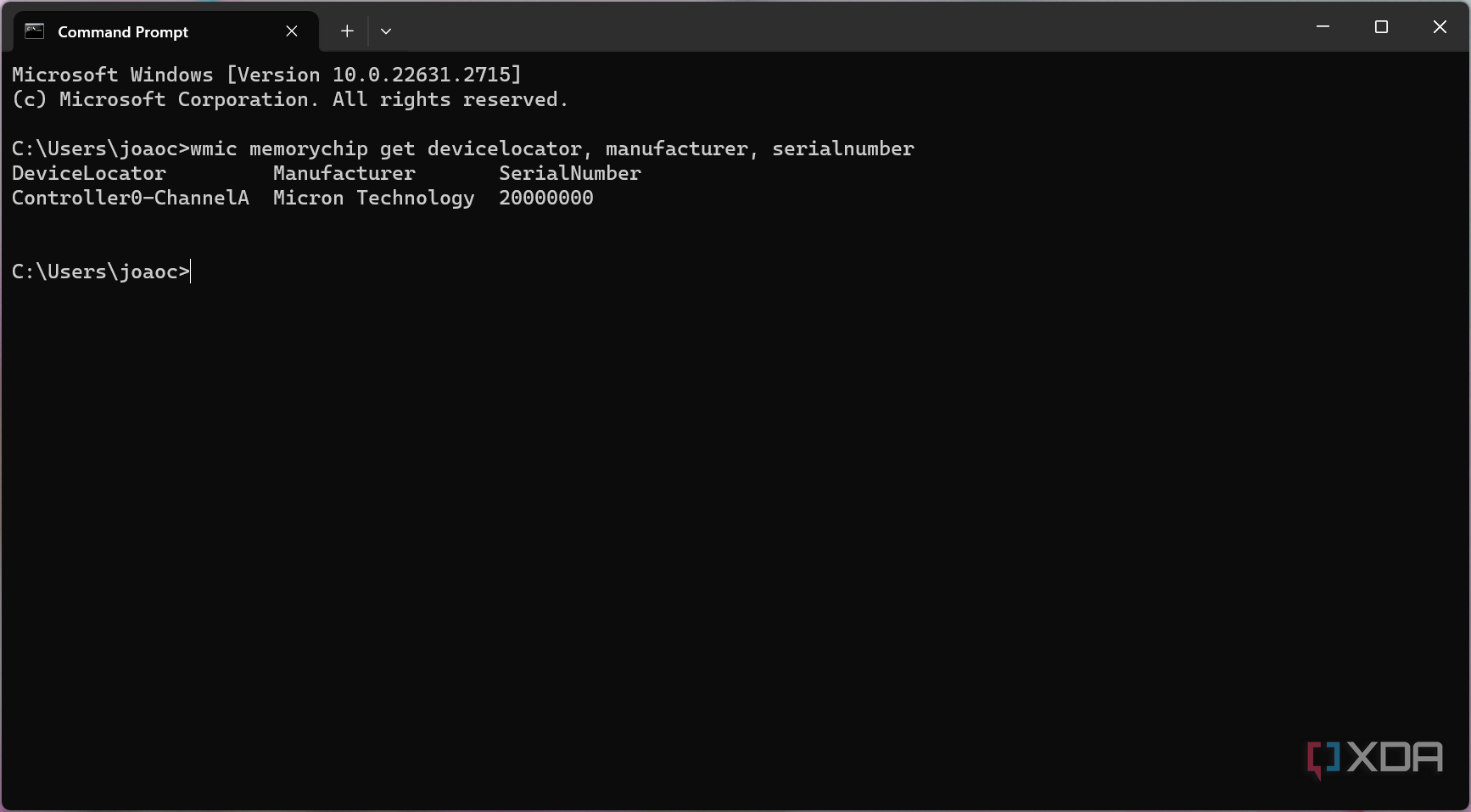 Screenshot of Command Prompt showing manufacturer and serial number for RAM