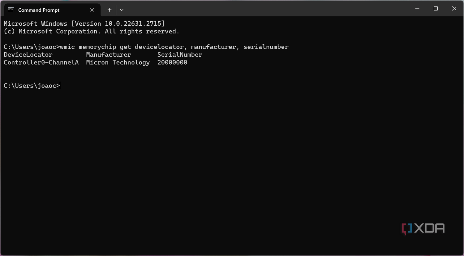 Screenshot of Command Prompt showing manufacturer and serial number for RAM