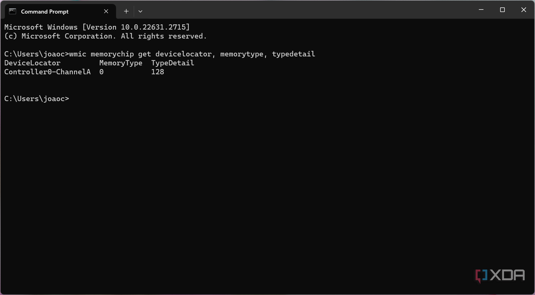Screenshot of command prompt showing the memory type and type detail for RAM inside a PC