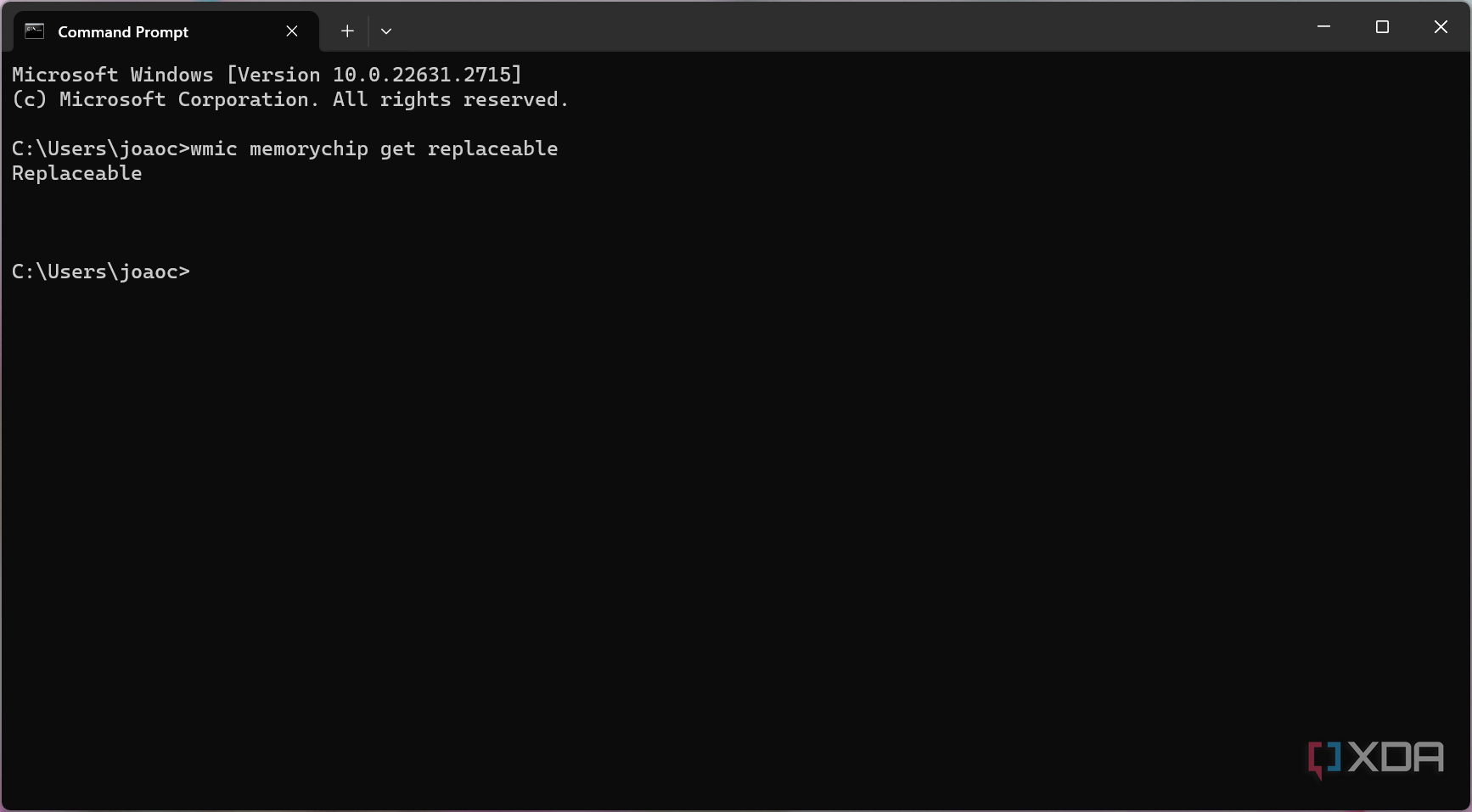 Screenshot of Command Prompt showing whether RAM is replaceable