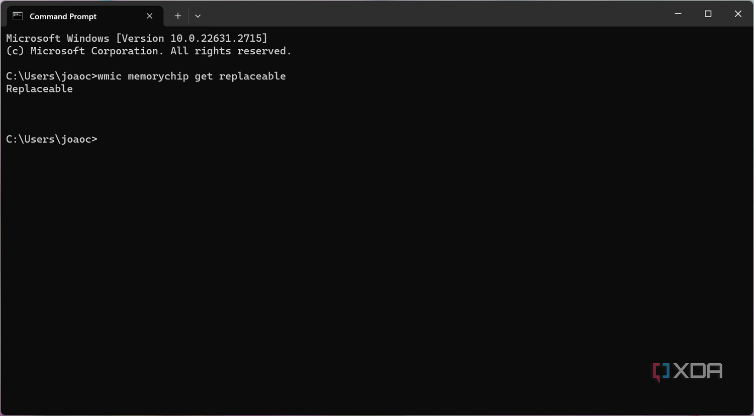 Screenshot of Command Prompt showing whether RAM is replaceable