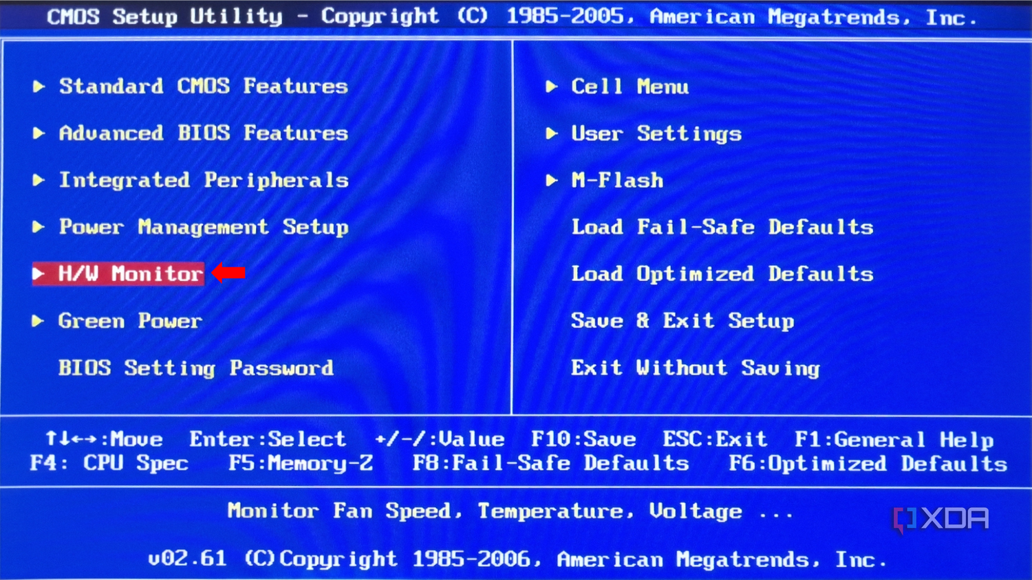 The CMOS Setup Utility interface showing a menu with various options including Standard CMOS Features, Advanced BIOS Features, and an arrow pointing to the H/W Monitor option.