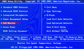 The CMOS Setup Utility interface showing a menu with various options including Standard CMOS Features, Advanced BIOS Features, and an arrow pointing to the H/W Monitor option.