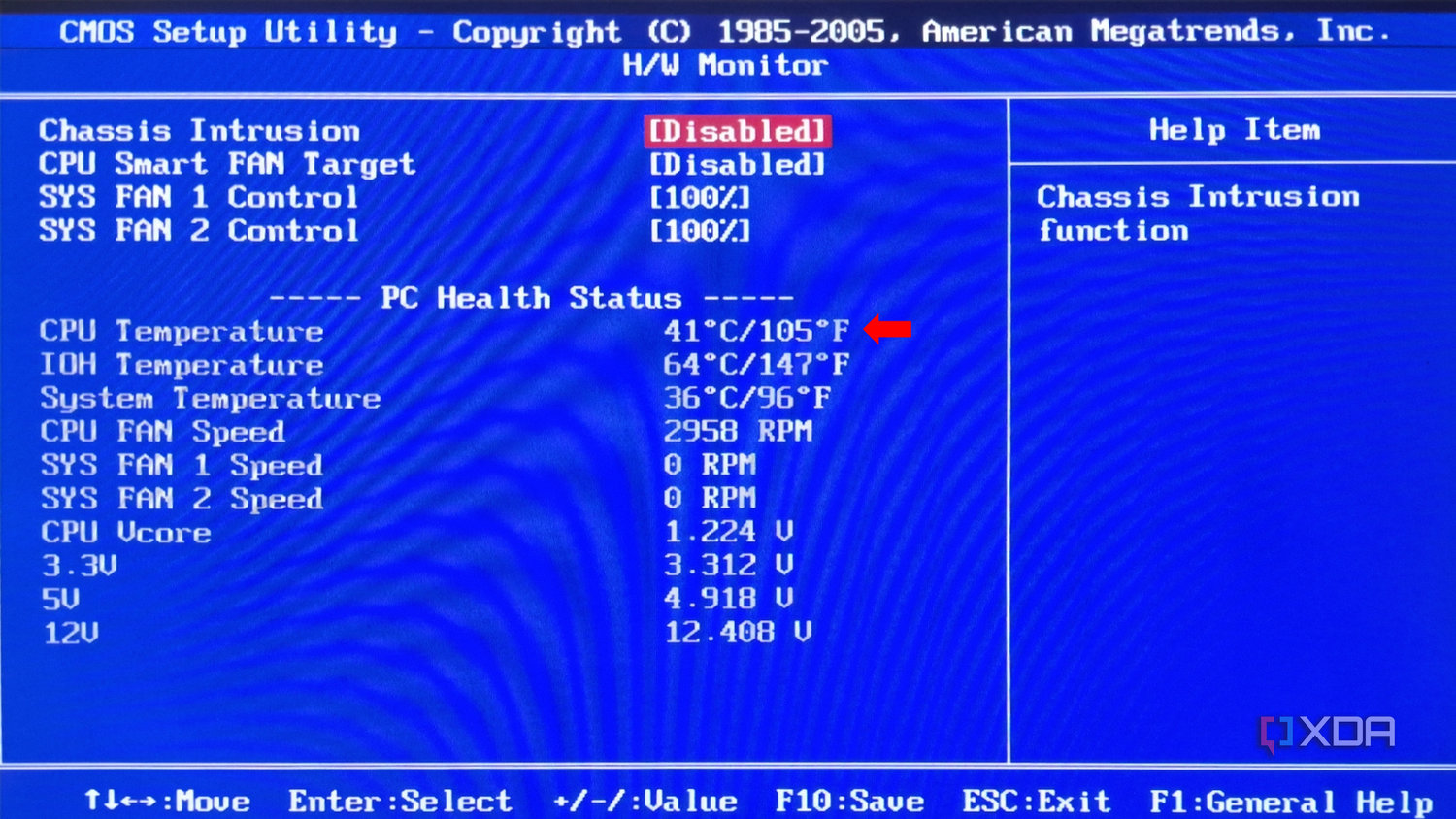The Hardware Monitor in BIOS displaying PC Health Status, including CPU Temperature and IOH Temperature with an arrow pointing at the CPU Temperature.