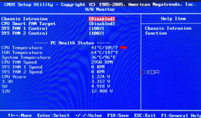 The Hardware Monitor in BIOS displaying PC Health Status, including CPU Temperature and IOH Temperature with an arrow pointing at the CPU Temperature.
