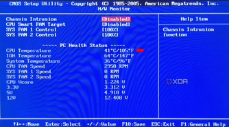 The Hardware Monitor in BIOS displaying PC Health Status, including CPU Temperature and IOH Temperature with an arrow pointing at the CPU Temperature.