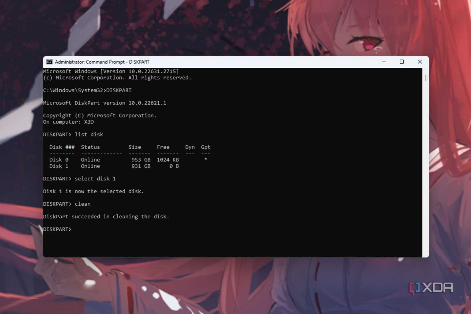 A screenshot showing the clean disk commond in diskpart.