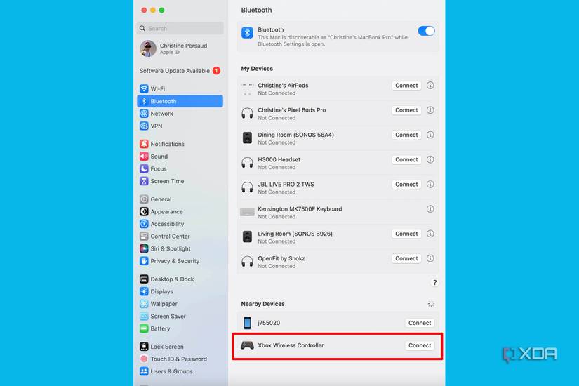 A MacBook Bluetooth settings menu with a list of devices and Xbox Wireless Controller shown as being nearby.