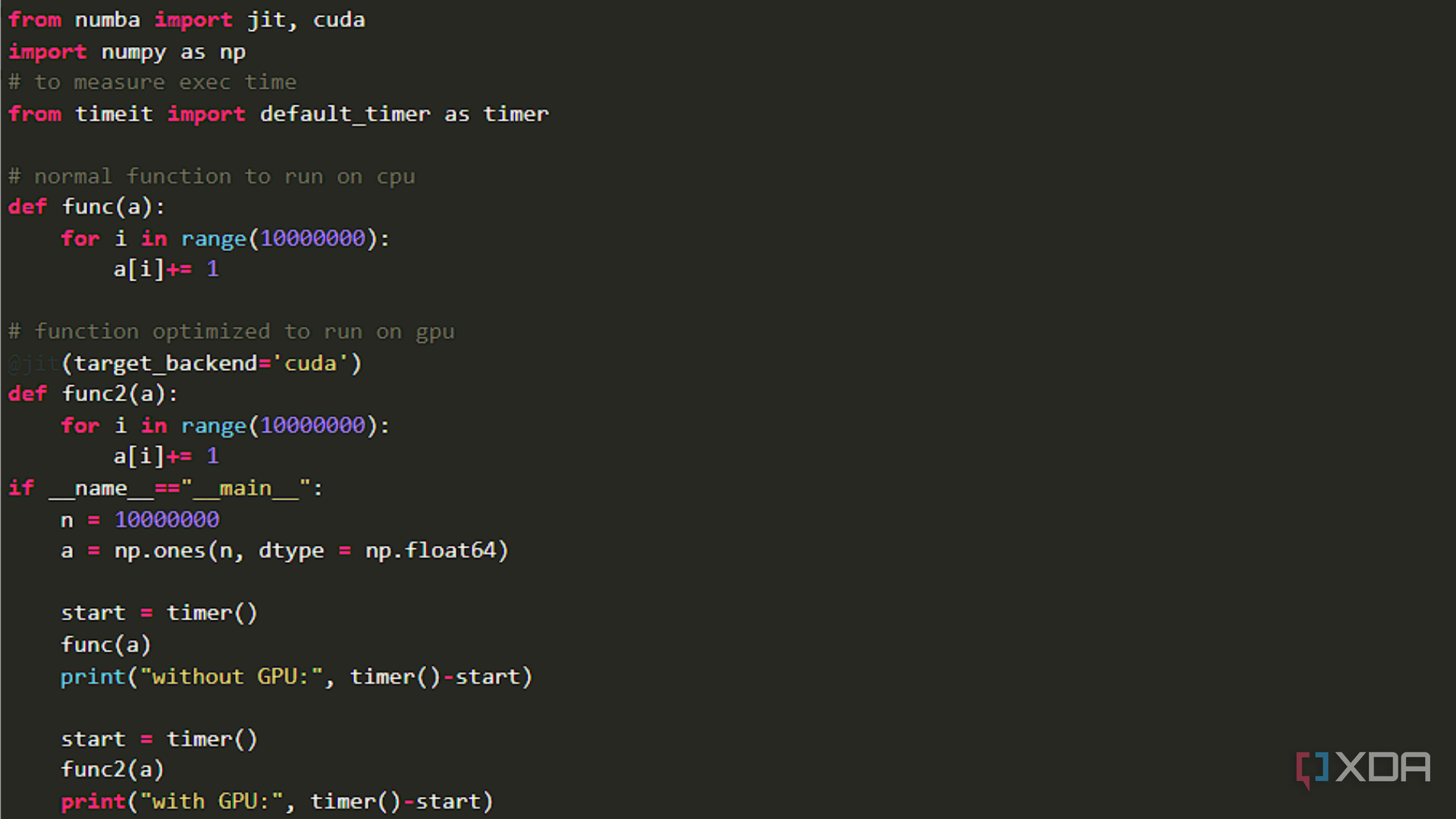 A screenshot of Python code running a JIT function against a CPU and a GPU with a timer command measuring the difference between the two.