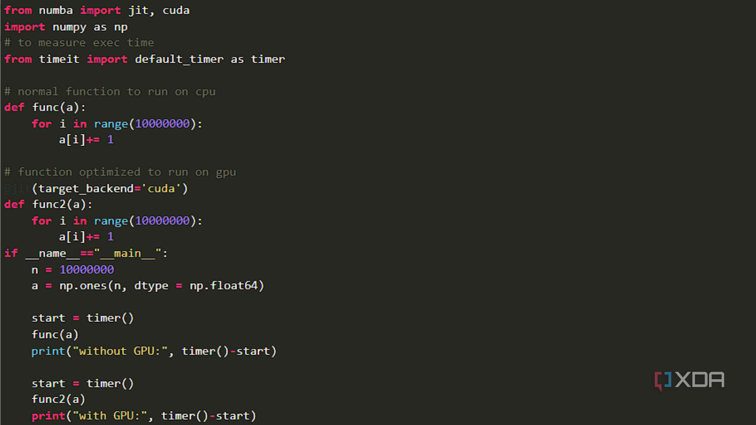 A screenshot of Python code running a JIT function against a CPU and a GPU with a timer command measuring the difference between the two.