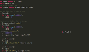 A screenshot of Python code running a JIT function against a CPU and a GPU with a timer command measuring the difference between the two.